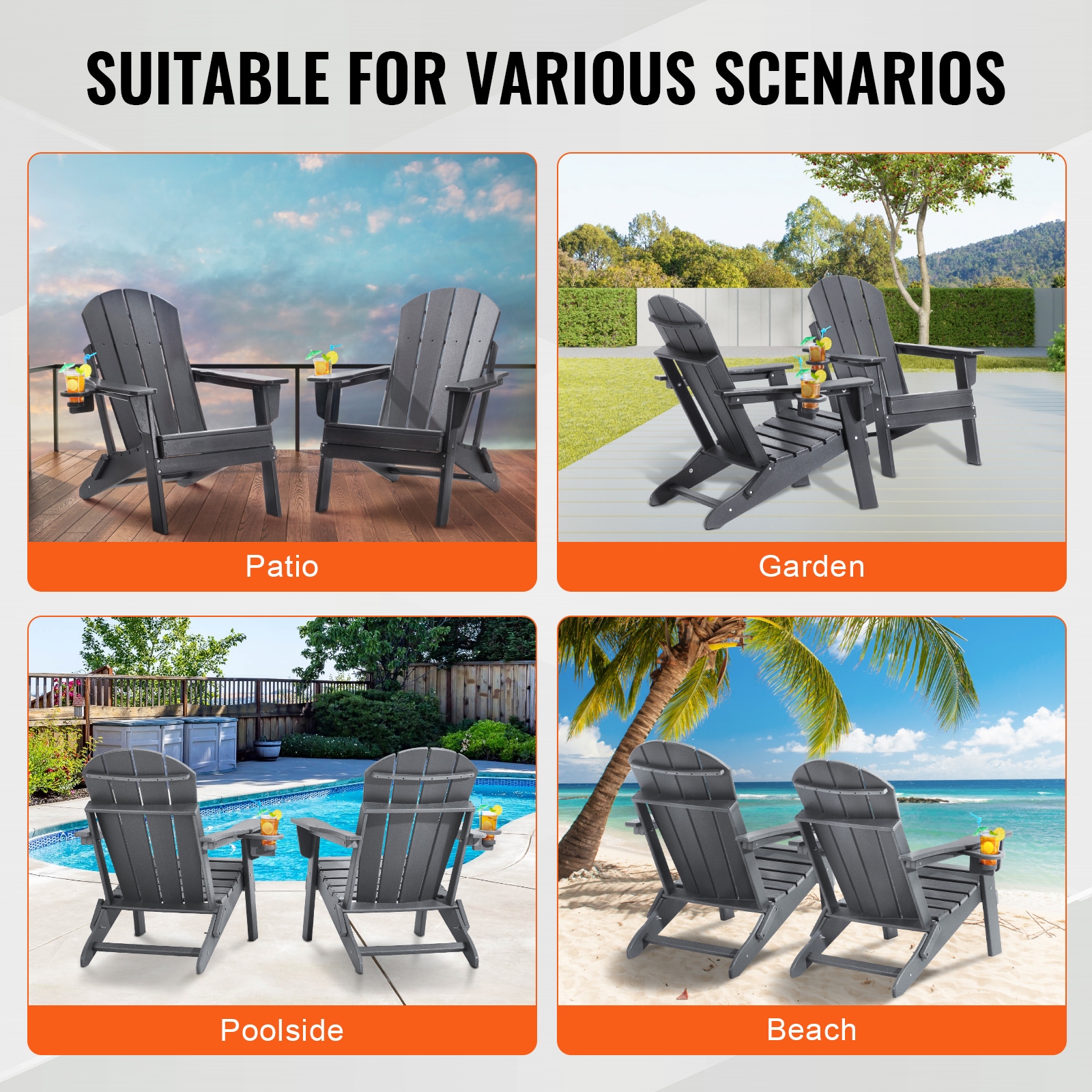 Set Of 2 Gray Adirondack Chairs All-weather Plastic Folding Seat_voghion.com